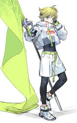 Rule 34 | 1boy, aqua eyes, blonde hair, bodysuit, catsuit, commentary request, cosplay, flag, hatsune miku, hatsune miku (cosplay), headphones, holding, holding flag, kagamine len, leg warmers, leotard, looking at viewer, naoko (naonocoto), open mouth, racing miku, racing miku (2022), revealing clothes, short hair, shorts, simple background, skin tight, vocaloid, white background