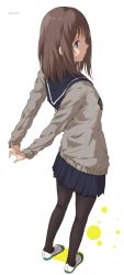 Rule 34 | 1girl, arms behind back, black pantyhose, blue eyes, blush, brown hair, from above, from behind, full body, haine, highres, long sleeves, looking back, looking up, original, outstretched arms, pantyhose, pleated skirt, profile, school uniform, shoes, simple background, skirt, solo, standing, stretching, twitter username, uwabaki, white background, white footwear
