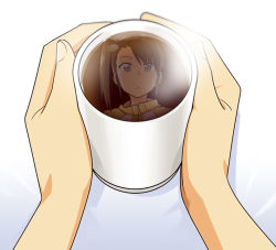 Rule 34 | 1girl, brown eyes, brown hair, cup, futami mami, idolmaster, idolmaster (classic), mori (unknown.), reflection, side ponytail, solo, steam, tea, teacup