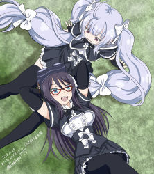Rule 34 | 2girls, :3, :d, arm support, arms behind head, arms up, assault lily, black hair, black pantyhose, black ribbon, black skirt, black thighhighs, blue eyes, blunt bangs, blush, bow, breasts, buttons, center frills, commentary request, corset, cropped jacket, dated, day, detached sleeves, frilled shirt, frilled shirt collar, frilled skirt, frills, from above, glasses, goggles, goggles on head, grass, grey hair, hair between eyes, hair bow, hair spread out, hashtag, hood, hood down, knives (knives777), lap pillow, leaning back, long hair, long sleeves, looking at another, looking down, looking up, lying, mashima moyu, medium breasts, miniskirt, miriam hildegard von gropius, multiple girls, neck ribbon, on back, on grass, on ground, open mouth, outdoors, pantyhose, parted lips, pleated skirt, purple eyes, red-framed eyewear, ribbon, school uniform, shadow, shirt, short sleeves, sidelocks, sitting, skirt, sleeve bow, sleeves past wrists, smile, teeth, thighhighs, translated, twintails, twitter username, underbust, upper teeth only, very long hair, white bow, white shirt, yurigaoka girls academy school uniform, zettai ryouiki
