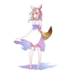 Rule 34 | 1girl, absurdres, alternate costume, alternate hairstyle, animal ear fluff, animal ears, arms behind back, bare shoulders, barefoot, black hair, blonde hair, blue nails, blush, braid, breasts, cleavage, closed mouth, dress, epilogue in the attic (hololive), floating hair, fox ears, fox girl, fox tail, full body, heart, heart-shaped pupils, highres, hololive, ichijo rei, looking to the side, medium breasts, medium hair, multicolored hair, nail polish, official art, omaru polka, pink hair, purple eyes, shadow, sidelocks, simple background, sleeveless, sleeveless dress, smile, solo, spaghetti strap, standing, streaked hair, symbol-shaped pupils, tachi-e, tail, toenail polish, toenails, twin braids, twintails, virtual youtuber, white background, white dress, wind