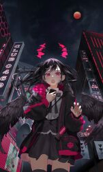 Rule 34 | 1girl, black hair, black jacket, black skirt, black thighhighs, black wings, building, city, collared shirt, eclipse, fake horns, feathered wings, hands up, highres, holding, holographic horns, horns, jacket, long hair, looking at viewer, lunar eclipse, mashiro kta, megaphone, moon, multicolored clothes, multicolored jacket, nail polish, neon lights, night, open mouth, original, outdoors, padded jacket, pink theme, red eyes, red jacket, red moon, red nails, shirt, skirt, solo, thighhighs, two-tone jacket, wings