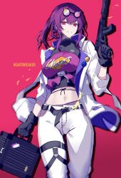 Rule 34 | 1girl, alternate costume, black gloves, breasts, clothes writing, cowboy shot, crop top, eyewear on head, gloves, grin, gun, highres, holding, holding gun, holding weapon, honkai: star rail, honkai (series), jacket, kafka (honkai: star rail), large breasts, long sleeves, looking at viewer, midriff, navel, open clothes, open jacket, pants, ponytail, purple eyes, purple hair, smile, solo, sparks summer, standing, stomach, sunglasses, thigh strap, weapon, white jacket, white pants