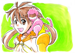 Rule 34 | 1girl, :d, animal, animal on shoulder, bad id, bad pixiv id, breasts, breasts apart, brown eyes, brown hair, caracol, collarbone, forest keeper nowa, gradient background, green background, hair between eyes, long hair, looking at viewer, matching hair/eyes, monkey, no bra, nowa (queen&#039;s blade), nowa (queen's blade), on shoulder, open mouth, outline, pointy ears, queen&#039;s blade, ruu (queen&#039;s blade), simple background, small breasts, smile, spiked hair, twintails, upper body, white outline