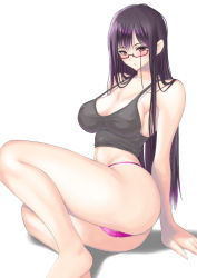 Rule 34 | 1girl, black hair, blush, breasts, camisole, cleavage, covered erect nipples, glasses, large breasts, long hair, looking at viewer, muffin (sirumeria), no bra, open mouth, original, panties, simple background, sitting, solo, tank top, underwear