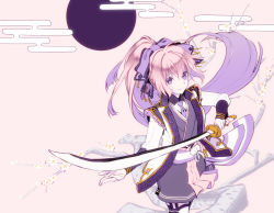 Rule 34 | 1girl, aoi sakurako, bow, branch, brown background, closed mouth, collared shirt, commentary request, egasumi, floating hair, flower, full moon, gloves, grey kimono, hair between eyes, hair bow, high ponytail, highres, holding, holding sword, holding weapon, jacket, japanese clothes, katana, kimono, long hair, long sleeves, moon, multicolored hair, open clothes, open jacket, original, pantyhose, pink hair, ponytail, purple bow, purple eyes, purple hair, shirt, sidelocks, smile, solo, sword, two-tone hair, very long hair, weapon, white flower, white gloves, white jacket, white pantyhose, white shirt