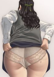 Rule 34 | 1girl, ass, bad id, bad pixiv id, bent over, black hair, cameltoe, clothes lift, freckles, from behind, hair ribbon, half updo, highres, huge ass, long hair, neri sachiko, office lady, original, panties, panties under pantyhose, pantyhose, pencil skirt, pink background, ribbon, simple background, skirt, skirt hold, skirt lift, solo, thighs, underwear
