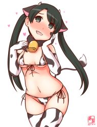 Rule 34 | 1girl, animal ears, animal print, bell, bikini, blush, breasts, commentary request, cow ears, cow horns, cow print, cow print bikini, cow tail, cowbell, dated, elbow gloves, fake animal ears, fake horns, fake tail, gloves, green eyes, green hair, hand on own face, heart, horns, kanon (kurogane knights), kantai collection, long hair, medium breasts, micro bikini, mikuma (kancolle), neck bell, one-hour drawing challenge, open mouth, print bikini, signature, simple background, smile, solo, swimsuit, tail, thighhighs, twintails, white background