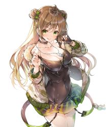 Rule 34 | 1girl, :q, ahoge, bare shoulders, black dress, black gloves, blush, bow, breasts, brown hair, choker, cleavage, collarbone, covered navel, dog tags, double bun, dress, dress tug, fingerless gloves, fur trim, girls&#039; frontline, gloves, green bow, green eyes, green nails, hair bow, hair bun, highres, jacket, long hair, looking at viewer, medium breasts, miwabe sakura, nail polish, off shoulder, paint splatter, rfb (girls&#039; frontline), shiny skin, short dress, sidelocks, simple background, single fingerless glove, smile, solo, strap, stuffed animal, stuffed toy, teddy bear, thighs, tongue, tongue out, white background