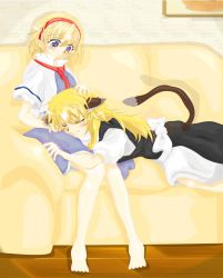Rule 34 | 2girls, alice margatroid, animal ears, bad id, bad pixiv id, bare legs, barefoot, blonde hair, blue eyes, blush stickers, bow, capelet, cat ears, cat tail, chi-chi (pixiv984250), closed eyes, couch, drawing (object), dress, hairband, hand on another&#039;s head, highres, indoors, kemonomimi mode, kirisame marisa, knees together feet apart, lolita hairband, long hair, looking at another, lying, lying on lap, multiple girls, no headwear, on stomach, parted lips, ribbon, short hair, short sleeves, sitting, skirt, skirt set, smile, tail, touhou, yellow upholstery