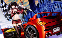 Rule 34 | 10s, 1girl, absurdres, bad id, bad pixiv id, belt, black hair, black thighhighs, breasts, car, checkered flag, cleavage, collar, date a live, eyewear on head, flag, groin, gun, heterochromia, highres, holding, long hair, midriff, motor vehicle, navel, race queen, red eyes, rifle, short shorts, shorts, solo, sunglasses, thighhighs, tokisaki kurumi, twintails, vehicle, weapon, wentirtongmo, yellow eyes, zhuore zhi hen