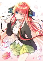 Rule 34 | 1girl, 723/nanahumi, ;o, alternate hair length, alternate hairstyle, bad id, bad pixiv id, black jacket, black ribbon, blazer, blue eyes, blush, breasts, brown background, collared shirt, commentary, dress shirt, flower, go-toubun no hanayome, gradient background, green skirt, hair ribbon, hand up, jacket, long hair, looking at viewer, medium breasts, nakano nino, one eye closed, open clothes, open jacket, parted lips, pixiv id, pleated skirt, red hair, ribbon, shirt, skirt, solo, twitter username, two side up, very long hair, water drop, white background, white flower, white shirt