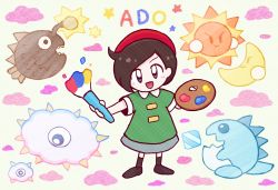 Rule 34 | 1girl, adeleine, ado, beret, black hair, character name, cloud, drawing, game0774, hat, ice dragon (kirby), kirby&#039;s dream land 3, kirby (series), kracko, mr. bright, mr. shine, nintendo, open mouth, paintbrush, palette (object), short hair, skirt, smile, solo, sweet stuff