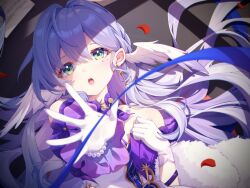 Rule 34 | 1girl, akovo, aqua eyes, bare shoulders, bead bracelet, beads, bracelet, chestnut mouth, collar, detached sleeves, dress, gloves, halo, halo behind head, head wings, highres, honkai: star rail, honkai (series), jewelry, long hair, looking at viewer, lying, outstretched arm, parted lips, pearl bracelet, purple collar, purple dress, purple hair, purple sleeves, robin (honkai: star rail), short sleeves, solo, strapless, strapless dress, teeth, two-tone dress, upper teeth only, white dress, white gloves, white wings, wings