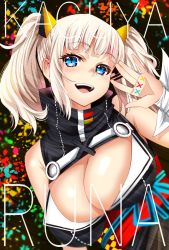 Rule 34 | 1girl, :d, arm scarf, blue eyes, breasts, character name, hand up, hoshi san 3, kaguya luna, large breasts, looking at viewer, open mouth, smile, solo, the moon studio, twintails, upper body, virtual youtuber, waving, white hair