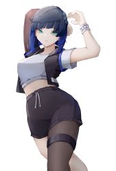 Rule 34 | 1girl, absurdres, alternate costume, aqua eyes, arms up, black hair, black pantyhose, black shorts, black vest, blue hair, blunt bangs, bracelet, breasts, casual, commentary, contemporary, crop top, feet out of frame, genshin impact, gradient hair, grey shirt, highres, jewelry, pantyhose under shorts, looking at viewer, medium breasts, midriff, multicolored hair, pantyhose, parted lips, shirt, short hair, short shorts, short sleeves, shorts, simple background, single leg pantyhose, solo, standing, stomach, thigh strap, thighs, vest, white background, yelan (genshin impact), yuu azma