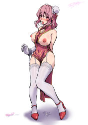 Rule 34 | 1girl, absurdres, bad id, bad pixiv id, bandages, blush, breasts, chain, condom, cum, d&#039;orsay heels, garter belt, garter straps, highres, ibaraki kasen, lace, lace-trimmed legwear, lace trim, large breasts, naked tabard, open mouth, pink eyes, pink hair, red footwear, signature, solo, stank, tabard, tears, thighhighs, tongue, tongue out, touhou, used condom, white thighhighs