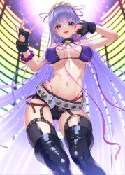 Rule 34 | 1girl, \m/, bb (fate), bb (fate) (all), bb (swimsuit mooncancer) (fate), bb (swimsuit mooncancer) (second ascension) (fate), bikini, black footwear, black gloves, black shorts, boots, bow, breasts, cowboy shot, earrings, fate/grand order, fate (series), fingerless gloves, gloves, gluteal fold, hair ribbon, jewelry, large breasts, long hair, looking at viewer, micro shorts, navel, pink bow, pink ribbon, purple bikini, purple eyes, purple hair, rainbow order, ribbon, saruchitan, shiny skin, short shorts, shorts, smile, solo, standing, star (symbol), star earrings, swimsuit, thigh boots, thighhighs, very long hair