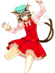 Rule 34 | 1girl, animal ears, brown hair, cat ears, cat girl, cat tail, chen, earrings, fang, female focus, fingernails, hat, jewelry, multiple tails, nail, short hair, simple background, skirt, solo, tail, touhou, tsurui, white background