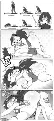 Rule 34 | !?, 1boy, 1girl, absurdres, angry, ass, ass grab, bikini, boku no hero academia, breast press, breasts, clothes, english text, grabbing, grabbing another&#039;s ass, highres, huge breasts, japanese text, long hair, lying, mineta minoru, moisesgrafic, monochrome, open mouth, ponytail, size difference, smile, speech bubble, surprised, sweat, swimsuit, tongue, tongue out, yaoyorozu momo
