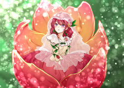 Rule 34 | 1girl, akatsuki no yona, aminyao, blush, bridal veil, dress, duplicate, flower, hair flower, hair ornament, highres, looking at viewer, medium hair, multicolored clothes, multicolored dress, open mouth, pink dress, pink flower, pink tulip, pixel-perfect duplicate, purple eyes, red hair, solo, tulip, veil, white dress, yona (akatsuki no yona)