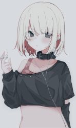Rule 34 | 1girl, black eyes, blush, cigarette, collar, crop top, ear piercing, earphones, female focus, grey background, highres, holding, holding cigarette, looking at viewer, multicolored hair, mushoku loli, original, piercing, red hair, simple background, smoking, solo, two-tone hair, white hair