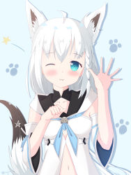 Rule 34 | 1girl, ;3, absurdres, ahoge, animal ear fluff, animal ears, arm up, bad id, bad pixiv id, bare shoulders, blue background, blue eyes, blue neckerchief, blush, closed mouth, commentary request, detached sleeves, ear piercing, fang, fang out, fingernails, fox ears, fox girl, fox tail, hair between eyes, highres, hololive, liang feng qui ye, navel, neckerchief, one eye closed, piercing, shirakami fubuki, shirakami fubuki (1st costume), shirt, short sleeves, signature, silver hair, sleeveless, sleeveless shirt, solo, tail, tail raised, upper body, virtual youtuber, white shirt, white sleeves, wide sleeves