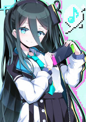 Rule 34 | 1girl, aqua halo, aris (blue archive), blue archive, blue eyes, blue hair, blush, commentary request, dark blue hair, game console, hair between eyes, halo, headband, jacket, long hair, long hair between eyes, looking at viewer, musical note, necktie, omochishiki, rectangular halo, school uniform, smile, solo, very long hair