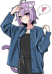 Rule 34 | 1girl, :3, absurdres, ahoge, animal ears, blush, cardigan, cat ears, cat girl, cat tail, chun 1234567, heart, highres, hololive, jewelry, looking at viewer, necklace, nekomata okayu, purple eyes, purple hair, short hair, simple background, solo, spoken heart, tail, virtual youtuber, white background