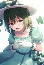 Rule 34 | absurdres, b.ren, bow, bug, butterfly, collarbone, commentary, dress, fang, gloves, green bow, green dress, green hair, hair between eyes, hair bow, hat, highres, insect, jewelry, light blush, looking at viewer, love live!, love live! nijigasaki high school idol club, mifune shioriko, necklace, open mouth, own hands together, pearl necklace, puffy short sleeves, puffy sleeves, ribbed hat, short hair, short sleeves, smile, waist bow, white background, white gloves, white hat, yellow eyes