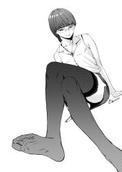 Rule 34 | 1girl, absurdres, arm support, bare shoulders, collared shirt, feet, from below, glasses, greyscale, highres, key (kagibangou), lace, lace-trimmed legwear, lace trim, looking at viewer, miniskirt, monochrome, no shoes, original, shirt, short hair, simple background, sitting, skirt, sleeveless, sleeveless shirt, soles, solo, thighhighs, toes