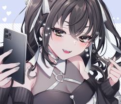Rule 34 | 1girl, :d, bare shoulders, black hair, blush, breasts, brown eyes, cellphone, choker, cleavage, commentary request, earrings, eyelashes, grey ribbon, hair ribbon, heart, heart choker, heart earrings, heart o-ring, highres, holding, holding phone, idolmaster, idolmaster cinderella girls, iphone 11 pro, jewelry, long hair, long sleeves, looking at viewer, medium breasts, mole, mole under eye, neko-san (dim.dream), off shoulder, open mouth, phone, ribbon, sharp teeth, sidelocks, sleeves past wrists, small breasts, smartphone, smile, solo, striped, striped background, sunazuka akira, teeth, two side up, upper body, upper teeth only, white choker, zipper pull tab