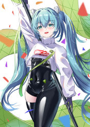 Rule 34 | 1girl, absurdres, aqua eyes, aqua hair, black bodysuit, black gloves, blush, bodysuit, breasts, chinese commentary, confetti, covered navel, feet out of frame, flag, gloves, hatsune miku, highres, holding, holding flag, jacket, leather suit, long hair, long sleeves, looking at viewer, medium breasts, one smoke, open mouth, race queen, racing miku, racing miku (2022), simple background, smile, solo, standing, twintails, very long hair, vocaloid, white jacket