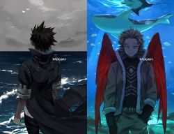 Rule 34 | 2boys, aquarium, belt, bird, black gloves, black hair, black jacket, black pants, black shirt, blonde hair, blue eyes, boku no hero academia, bomber jacket, brown jacket, brown pants, burn scar, cloud, cloudy sky, coat, coattails, contrapposto, costume, cowboy shot, dabi (boku no hero academia), ear piercing, facial hair, facial mark, feathered wings, feathers, fish, from behind, fur-trimmed jacket, fur trim, gloves, goatee, hand in pocket, hawks (boku no hero academia), headphones, high collar, horizon, jacket, kadeart, looking at viewer, male focus, multiple boys, multiple piercings, ocean, pants, piercing, puffer fish, red feathers, red wings, scar, scar on arm, scar on face, scar on hand, scar on neck, shirt, short hair, skin tight, sky, spiked hair, stapled, stitches, straight-on, striped clothes, striped shirt, stubble, tight clothes, tight shirt, toned, toned male, trench coat, twitter username, waves, whale shark, wings, yellow eyes