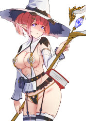 Rule 34 | 1girl, armor, belt, belt pouch, bikini armor, book, breasts, cowboy shot, detached collar, detached sleeves, earrings, garter belt, hair ornament, hairclip, hat, highres, holding, holding staff, jewelry, large breasts, looking at viewer, original, parted lips, pointy ears, ponytail, pouch, purple eyes, red hair, solo, staff, standing, thighhighs, witch, witch hat, yilan un