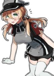 Rule 34 | 1girl, absurdres, black skirt, blonde hair, blush, breasts, gloves, green eyes, hair between eyes, hat, highres, kantai collection, large breasts, long hair, low twintails, military, military hat, military uniform, one-hour drawing challenge, open mouth, peaked cap, pleated skirt, prinz eugen (kancolle), short sleeves, simple background, skirt, smile, solo, thighhighs, toriniku senshi chikinman, twintails, uniform, white background, white gloves, white thighhighs