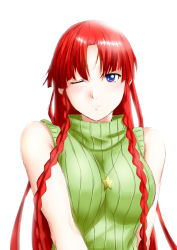 Rule 34 | 1girl, bare shoulders, blue eyes, braid, female focus, green shirt, highres, hong meiling, jewelry, long hair, necklace, niwatazumi, no headwear, no headwear, one eye closed, red hair, ribbed sweater, shirt, sleeveless, sleeveless turtleneck, smile, solo, star (symbol), sweater, touhou, turtleneck, twin braids, wink