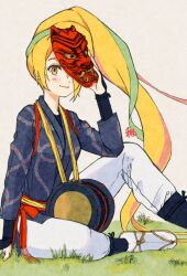 Rule 34 | 1girl, alternate costume, blonde hair, commentary request, drum, happi, holding, holding mask, instrument, japanese clothes, long hair, long sleeves, looking at viewer, mask, multicolored hair, nikaidou saki, noh mask, on ground, one eye covered, outdoors, pants, sandals, sitting, smile, solo, streaked hair, tabi, very long hair, white pants, yellow eyes, yuurikouimari, zombie land saga