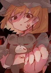 Rule 34 | 1girl, absurdres, blonde hair, blood, blood on face, blood on hands, clenched hand, closed eyes, crushing, flandre scarlet, hat, highres, looking at viewer, mob cap, open mouth, red eyes, rokka (rokka937), solo, stuffed animal, stuffed toy, teddy bear, touhou, upper body