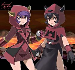 Rule 34 | 2girls, belt, belt buckle, black dress, black gloves, black hair, brown dress, buckle, capelet, closed mouth, commentary request, courtney (pokemon), creatures (company), dress, dual persona, eyelashes, fake horns, game freak, gloves, hair between eyes, highres, holding, holding poke ball, hood, hood up, hooded capelet, horns, looking at viewer, multiple girls, nintendo, poke ball, poke ball (basic), pokemon, pokemon oras, pokemon rse, purple eyes, purple hair, red belt, red capelet, red eyes, ribbed dress, shiijisu, short hair, short sleeves, side slit, signature, smile, team magma, team magma uniform