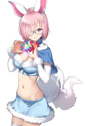 Rule 34 | 1girl, animal ears, black-framed eyewear, blue bra, blue capelet, blue skirt, blush, bra, breasts, capelet, cleavage, cosplay, cowboy shot, detached sleeves, fate/grand order, fate (series), fou (fate), fou (fate) (cosplay), fur-trimmed bra, fur-trimmed capelet, fur-trimmed skirt, fur trim, glasses, hair over one eye, highres, light purple hair, long sleeves, looking at viewer, mash kyrielight, midriff, navel, official alternate costume, purple eyes, red neckwear, saint quartz (fate), saruchitan, short hair, skirt, smile, tail, thighhighs, underwear, white background, white thighhighs