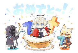 Rule 34 | 1boy, 1girl, 1other, ?, animal ears, arknights, black footwear, black gloves, black jacket, black shorts, blonde hair, cake, chibi, colored shadow, commentary request, confetti, crossed bangs, doctor (arknights), executor (arknights), food, fox ears, fox girl, fruit, full body, gloves, halo, holding, holding party popper, hood, hood down, hooded jacket, in food, jacket, looking at another, mask, notched ear, orange eyes, party popper, shadow, shirt, short hair, shorts, simple background, soppos, spoken question mark, strawberry, translated, vermeil (arknights), white background, white jacket, white shirt, wings