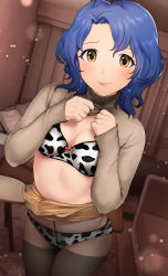 Rule 34 | 1girl, absurdres, animal print, bad id, bad pixiv id, bed, beige shirt, black pantyhose, blue hair, blush, bow, bow bra, bra, breasts, cleavage, clothes lift, couch, cow print, cowlick, curtains, hanamasa ono, highres, hotel room, idolmaster, idolmaster million live!, lifting own clothes, light particles, long sleeves, looking at viewer, medium breasts, panties, panties under pantyhose, pantyhose, pillow, pink bow, room, seamed legwear, see-through, shirt lift, short hair, skirt, skirt lift, smile, solo, table, tan skirt, toyokawa fuka, turtleneck, two-tone bra, two-tone panties, underwear, yellow eyes