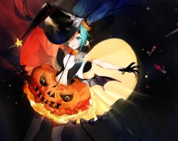 Rule 34 | 1girl, alternate costume, aqua eyes, aqua hair, bat wings, black gloves, black hat, candy, crescent moon, earrings, feet out of frame, food, gloves, halloween, halloween costume, hat, hatsune miku, jack-o&#039;-lantern, jewelry, lollipop, looking at viewer, moon, navel, necktie, one eye closed, orange necktie, parted lips, smile, solo, sparkle, star (symbol), twintails, vocaloid, wings, witch hat, yyb