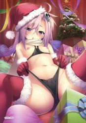 Rule 34 | 1girl, :o, absurdres, bare shoulders, black bra, black panties, blush, box, bra, breasts, cameltoe, cape, christmas, christmas ornaments, christmas tree, cowboy shot, elbow gloves, eyes visible through hair, fur-lined gloves, fur-trimmed legwear, fur trim, gift, gift box, gloves, groin, hair between eyes, hair ornament, hat, highleg, highleg panties, highres, jokou, koihime musou, long hair, looking at viewer, midriff, mtu (orewamuzituda), navel, nipples, panties, panty pull, pillow, pine tree, pink hair, pom pom (clothes), puffy nipples, pulling own clothes, purple eyes, purple hair, red gloves, red hat, red ribbon, red thighhighs, ribbon, santa hat, scan, sitting, skull hair ornament, small breasts, solo, sports bra, spread legs, stomach, sweat, thighhighs, tree, underwear, white cape