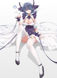 Rule 34 | 1girl, ;), absurdres, animal ears, apron, aqua eyes, arm at side, arm garter, azur lane, black hair, blunt bangs, blush, breasts, cheshire (azur lane), closed eyes, closed mouth, commentary request, detached sleeves, dress, fake animal ears, frilled headband, frilled ribbon, frills, garter straps, gradient background, green hair, hand up, headdress, highres, kafeifeifeifeifeifei jiemo jun, large breasts, long ribbon, looking at viewer, maid, maid headdress, multicolored clothes, multicolored dress, multicolored hair, one eye closed, paw pose, puffy detached sleeves, puffy sleeves, purple apron, ribbon, short hair, sitting, sleeveless, smile, solo, streaked hair, thighhighs, white ribbon, white thighhighs, wrist cuffs