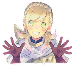 Rule 34 | 1girl, aisutabetao, armor, blonde hair, blush, braid, cape, fire emblem, fire emblem heroes, gloves, green eyes, long hair, looking at viewer, nintendo, open mouth, scale armor, sharena (fire emblem), simple background, smile, solo, white background