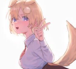 Rule 34 | 1girl, :d, animal ears, blonde hair, blue eyes, bob cut, brown skirt, collared shirt, commentary, dog ears, dog tail, extra ears, fang, hair ornament, high-waist skirt, highres, hololive, hololive english, kiwwwwwi, leaning forward, long sleeves, looking at viewer, looking to the side, monocle, necktie, open mouth, red necktie, shirt, short hair, short necktie, simple background, skirt, smile, solo, tail, upper body, v, virtual youtuber, watson amelia, watson amelia (1st costume), white background, white shirt