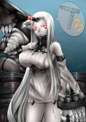 Rule 34 | 10s, 1girl, ?, absurdres, abyssal ship, bare shoulders, breasts, claws, dress, hei1905, highres, horns, kantai collection, large breasts, long hair, pale skin, red eyes, ribbed dress, seaport princess, short dress, sideboob, single horn, sweater, sweater dress, thighs, very long hair, white hair