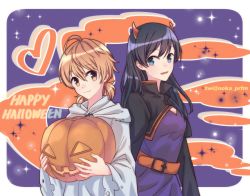 Rule 34 | 10s, 2girls, belt, black hair, blue eyes, breasts, brown eyes, brown hair, chinese commentary, cleavage, commentary request, cropped jacket, fangs, ghost costume, halloween, happy halloween, heart, highres, horns, jack-o&#039;-lantern, jiang chengzi, koito yuu, low twintails, multiple girls, nanami touko, small breasts, sparkle, twintails, twitter username, yagate kimi ni naru